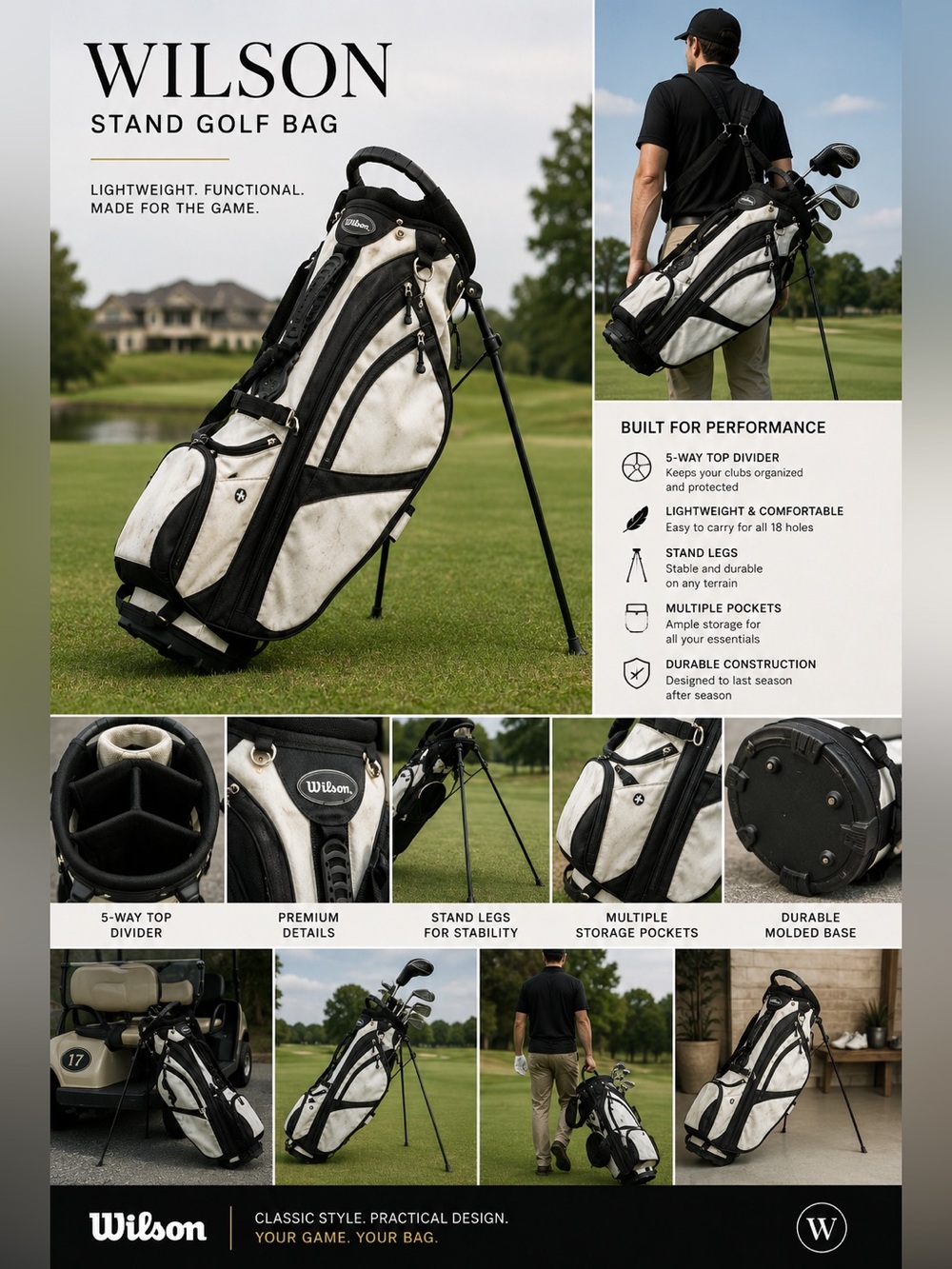 Wilson Stand Golf Bag Black White Lightweight Carry Bag